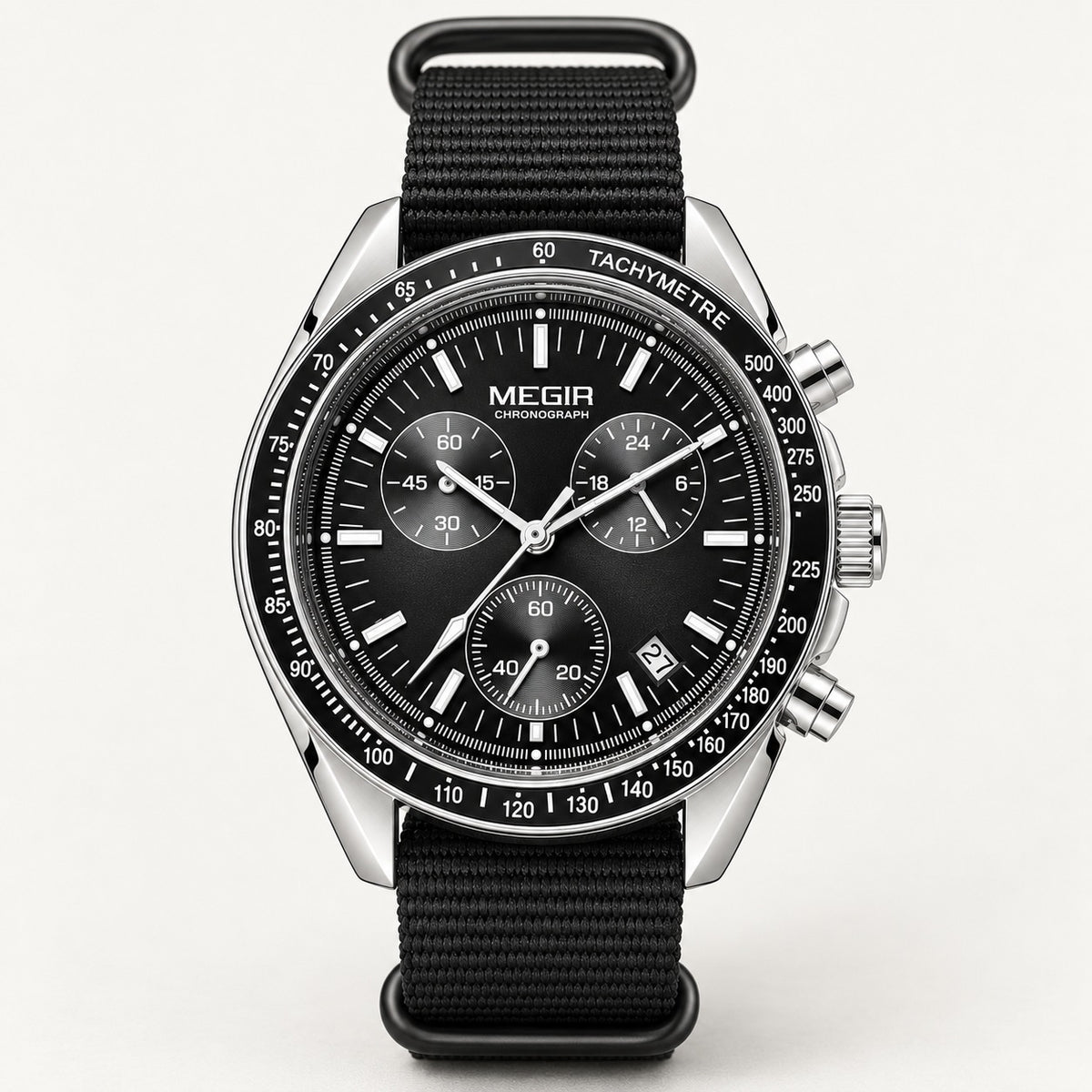 MEGIR Trek Chrono Canvas · Preto & Aço · frente