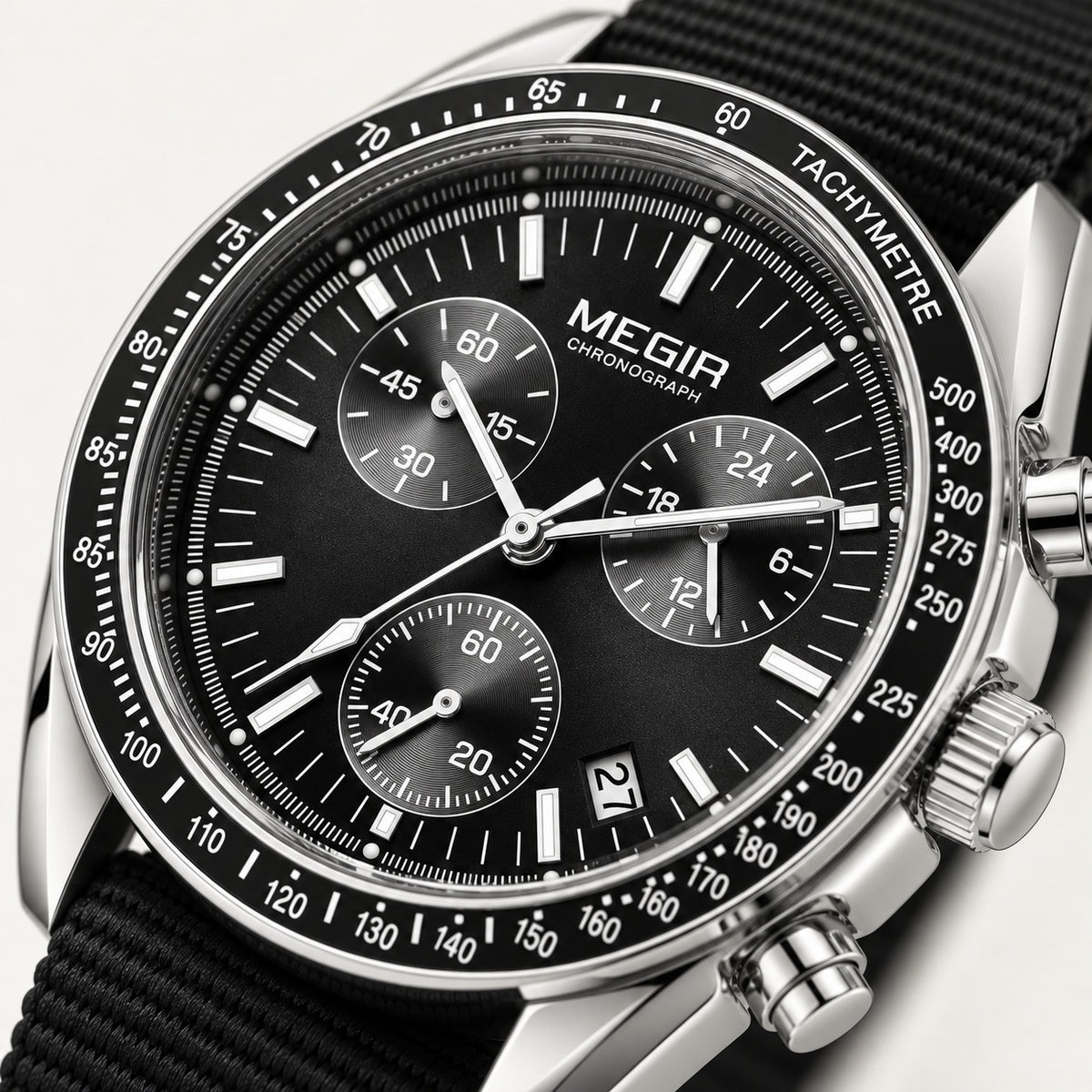 MEGIR Trek Chrono Canvas · Preto & Aço · detalhe do mostrador