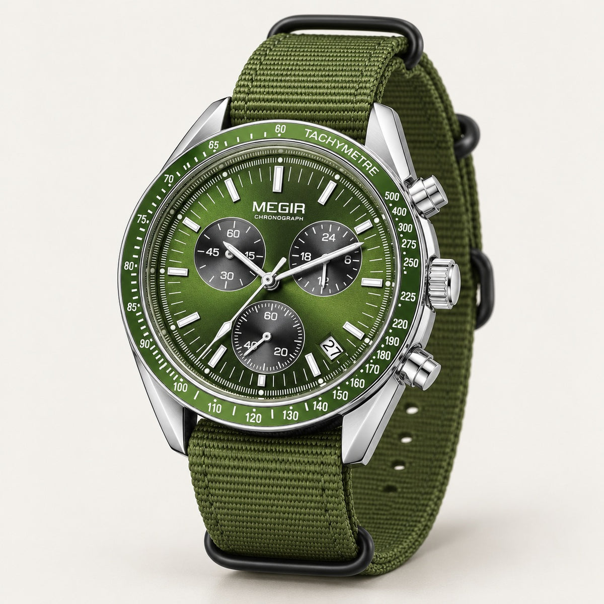 MEGIR Trek Chrono Canvas · Verde Militar · 3/4