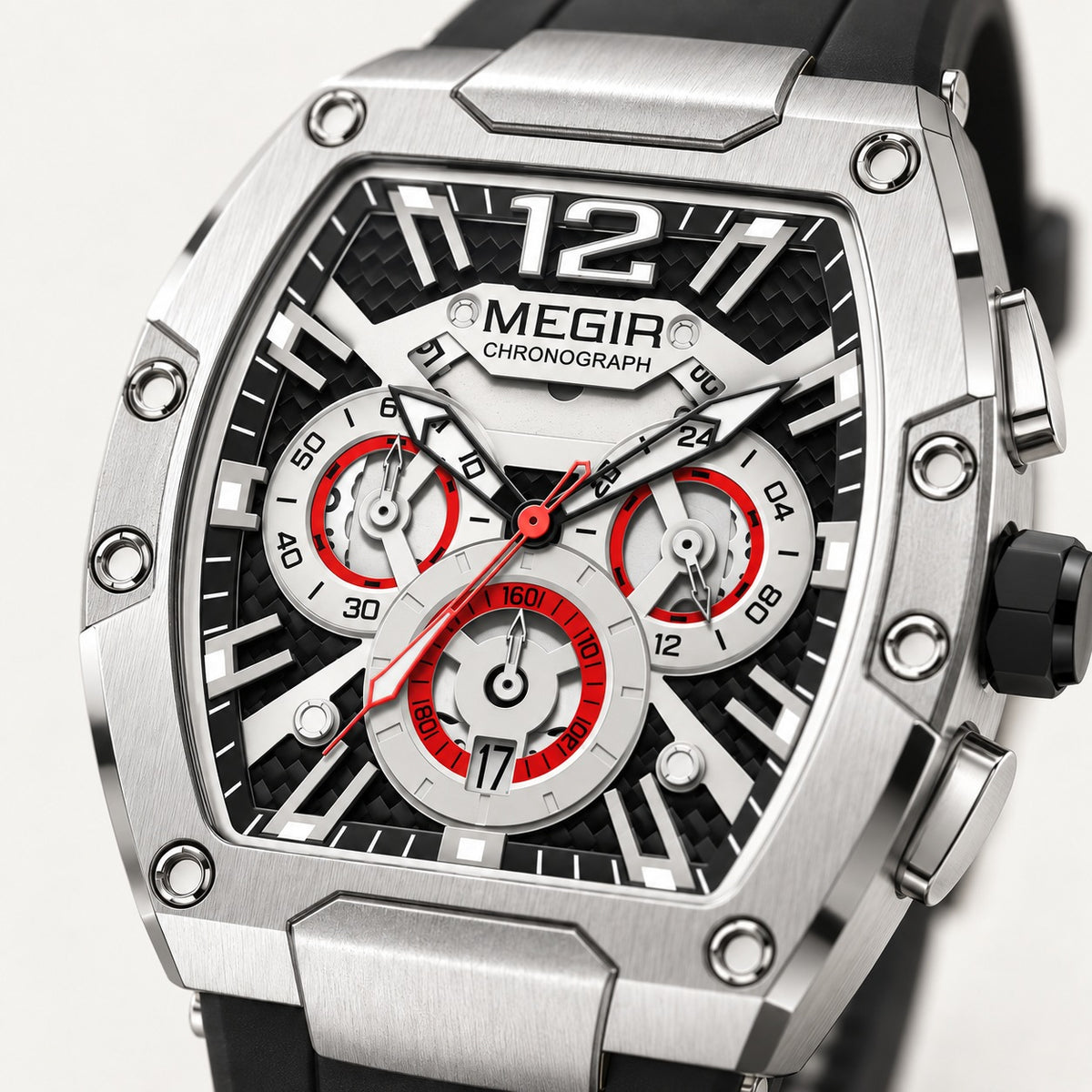 MEGIR Recon Chrono 24H · Prata & Preto · detalhe do mostrador