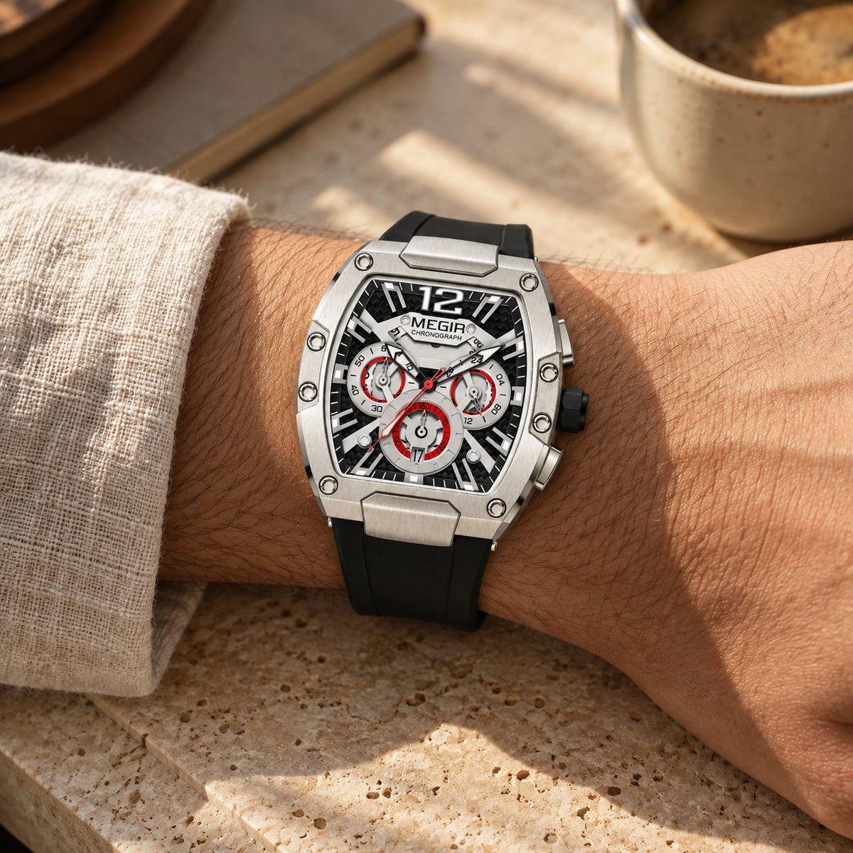 MEGIR Recon Chrono 24H · Prata & Preto · no pulso