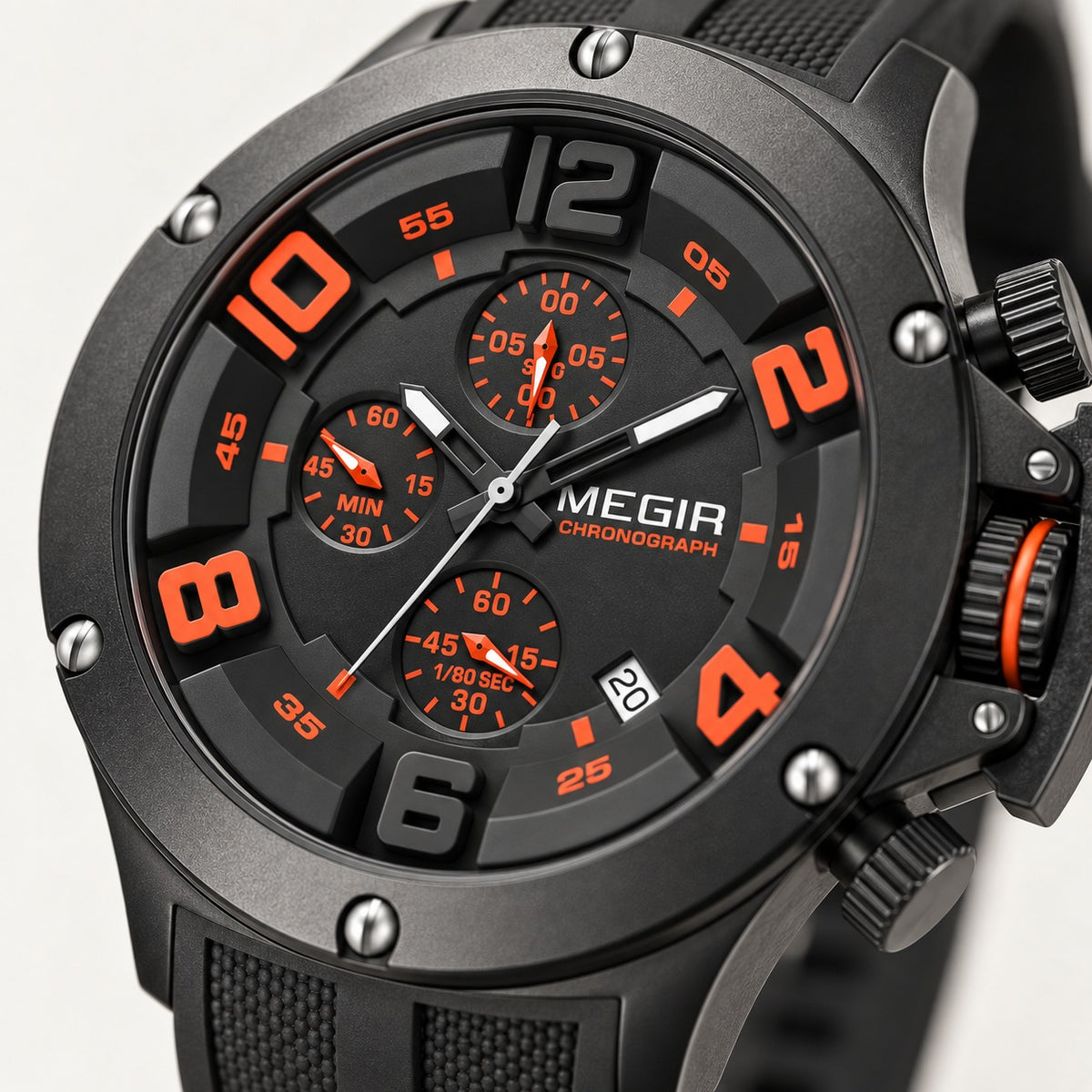 MEGIR Recon Chrono 47 · Preto Carbono · detalhe do mostrador