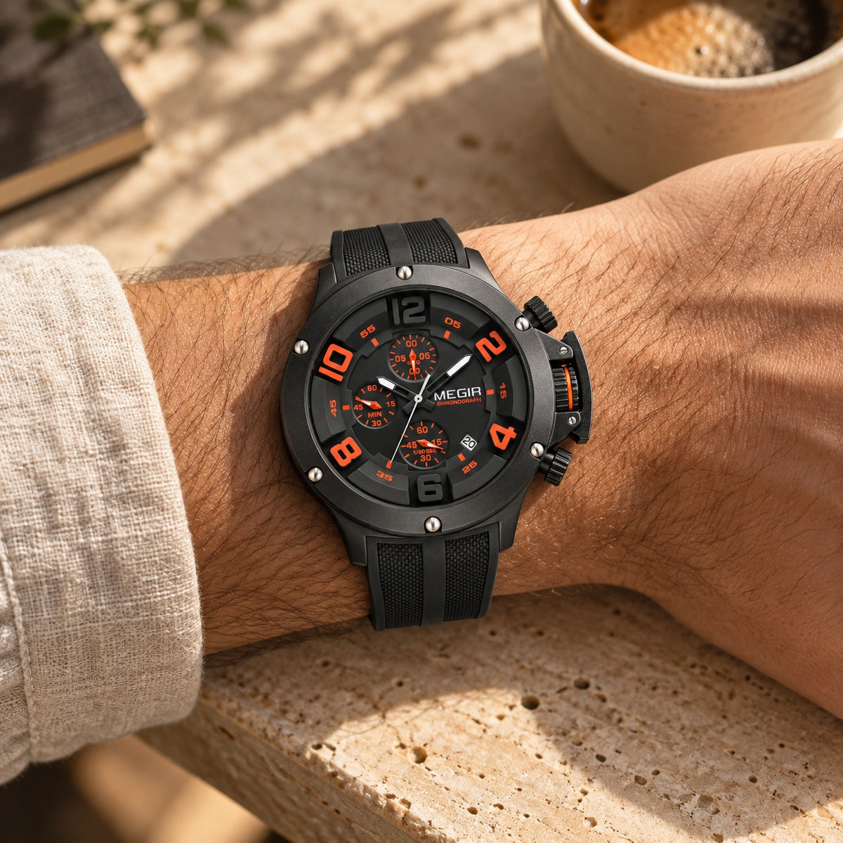 MEGIR Recon Chrono 47 · Preto Carbono · no pulso