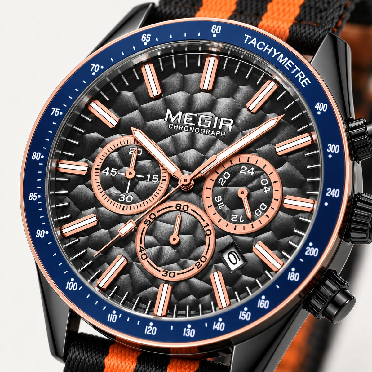 MEGIR Trek Chrono 24H · Laranja Vulcão · detalhe do mostrador