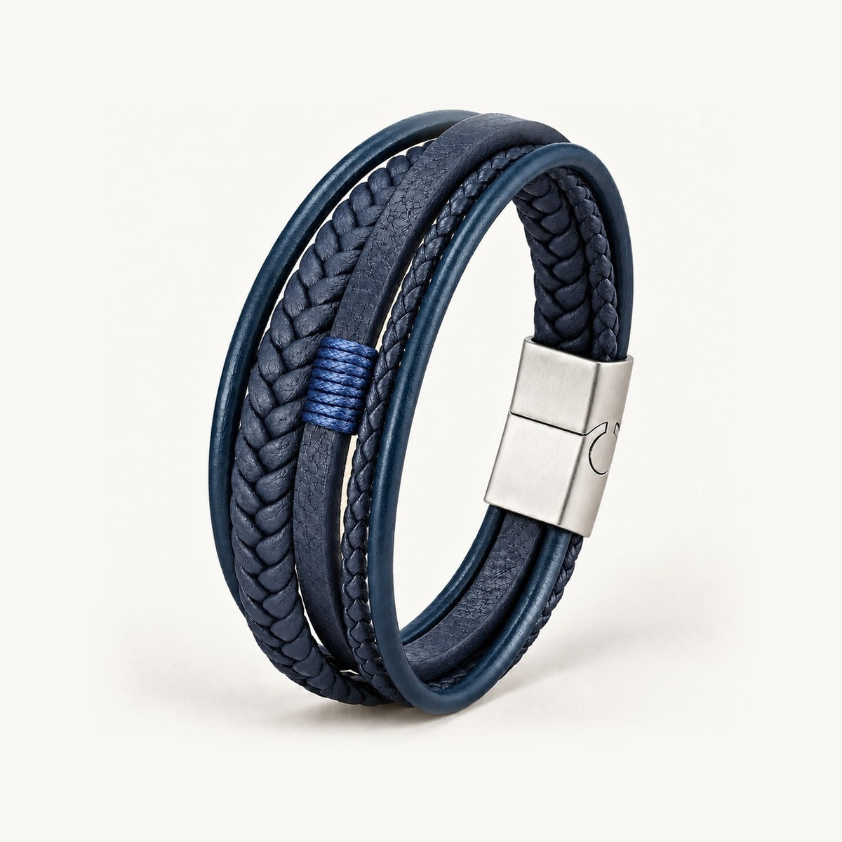 Pulseira Masculina Couro Trançado · Azul & Aço