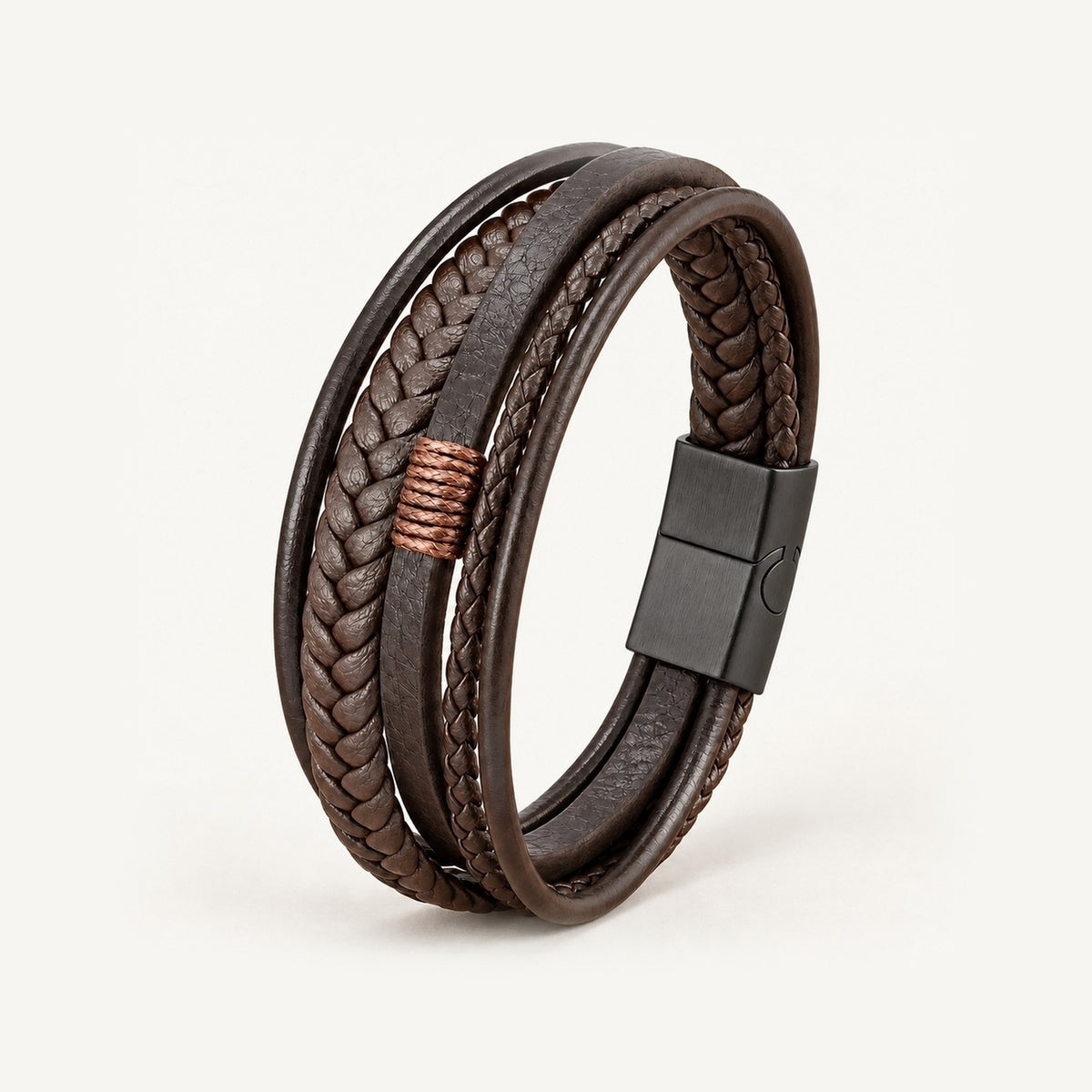Pulseira Masculina Couro Trançado · Marrom & Preto