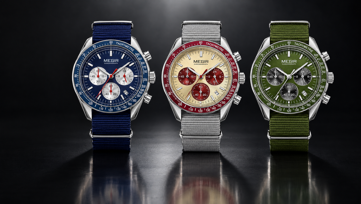 MEGIR Trek Chrono nas cores azul, champanhe e verde