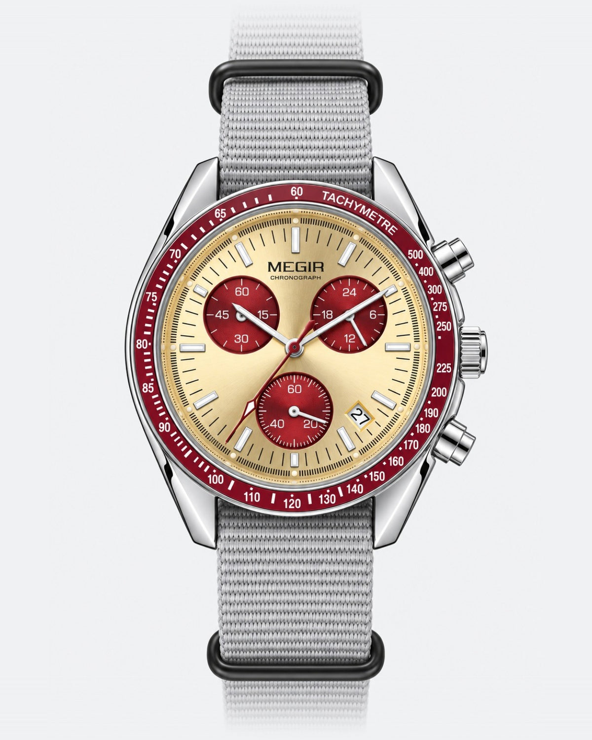 MEGIR Trek Chrono Canvas · Champanhe & Vermelho · frente v2 #Cor_Champanhe & Vermelho